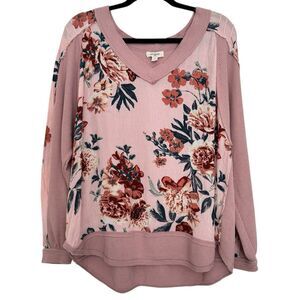 Umgee Women Size MEDIUM Rose Pink Floral Thermal Long Sleeve Top Boho Raglan